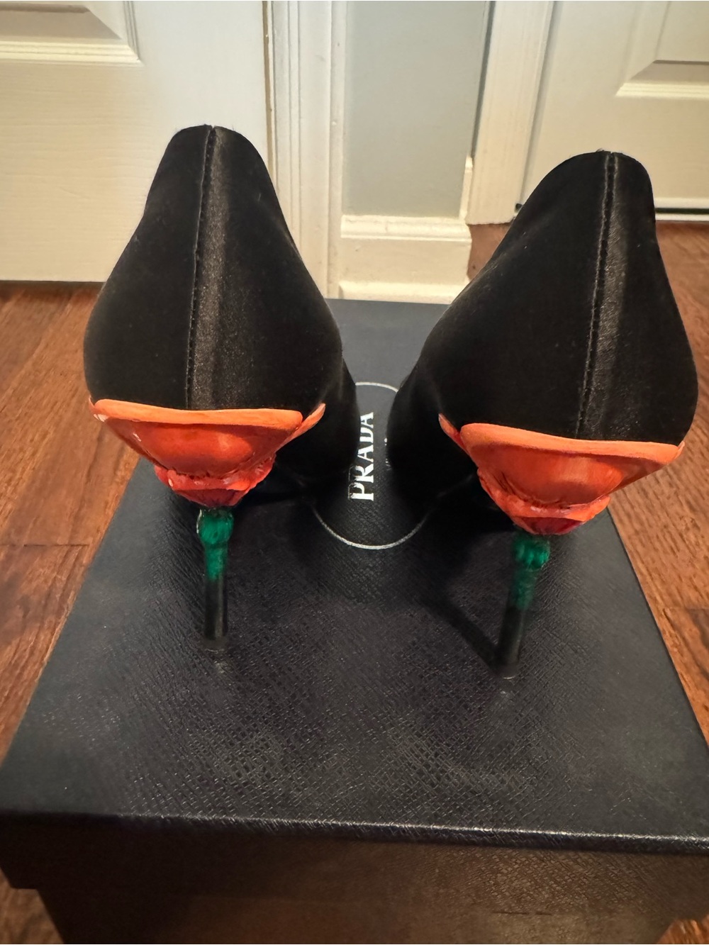 Vintage Prada Linea Rossa Black Satin Peep-Toe Pumps - Hand Painted Tulip Heel - Picture 7 of 11